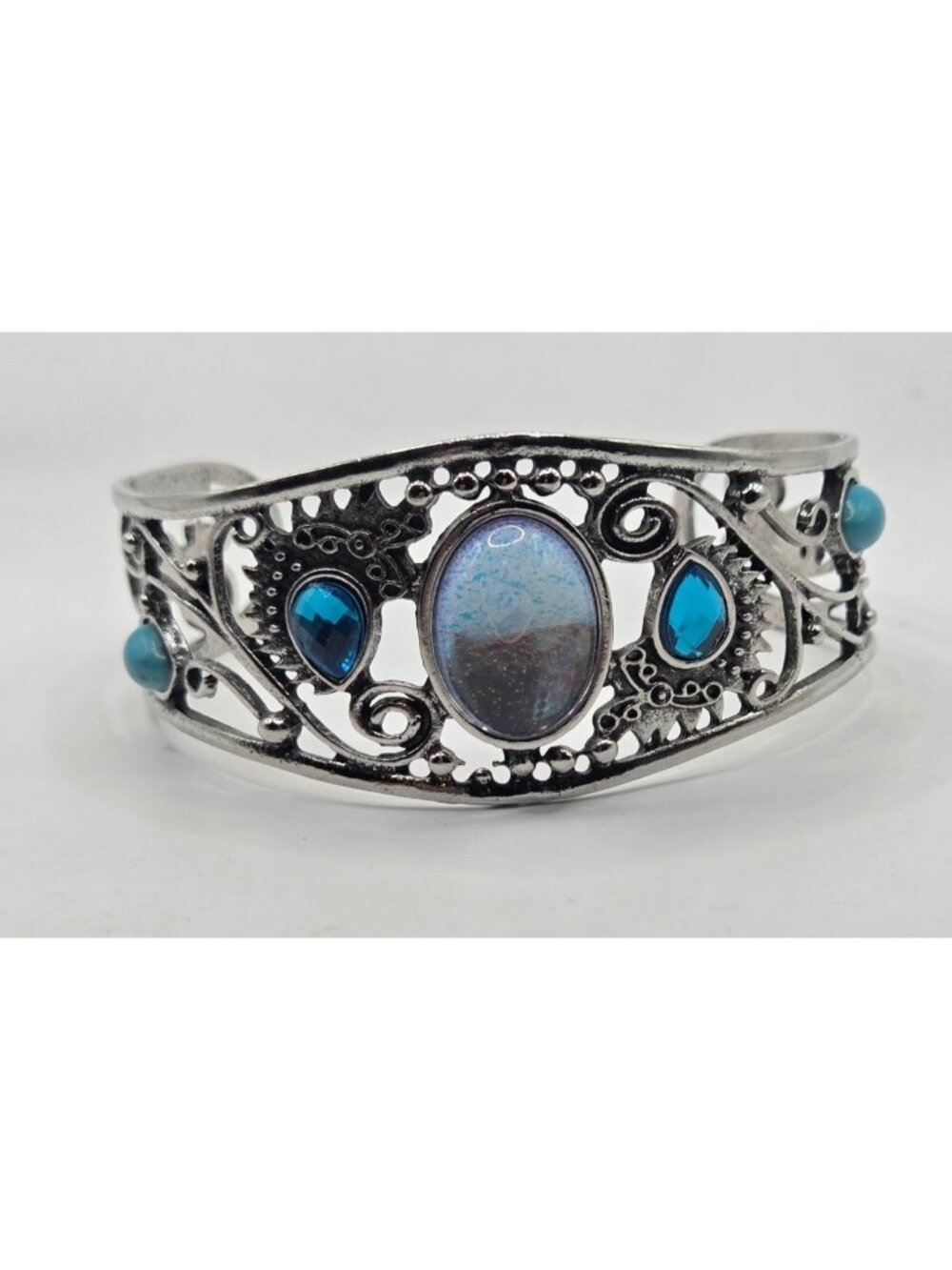 Vintage-Style Silver Cuff Bracelet With Blue Gemstones & Iridescent Centerpiece